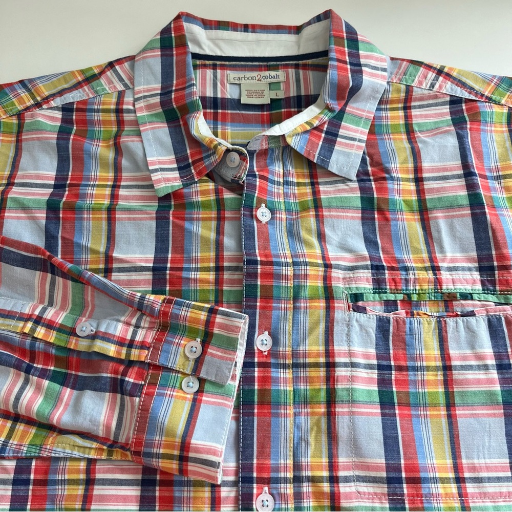 Carbon2Cobalt Men’s Plaid Primary Colors Long‎ Sleeve Button Down Large